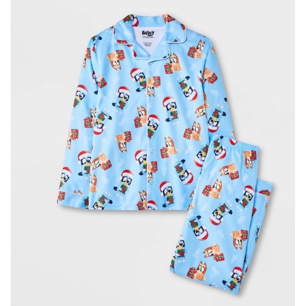 Bluey Christmas Pajamas Kids Size XS 4/5 Blue Fleece Button Up Set Bingo Xmas